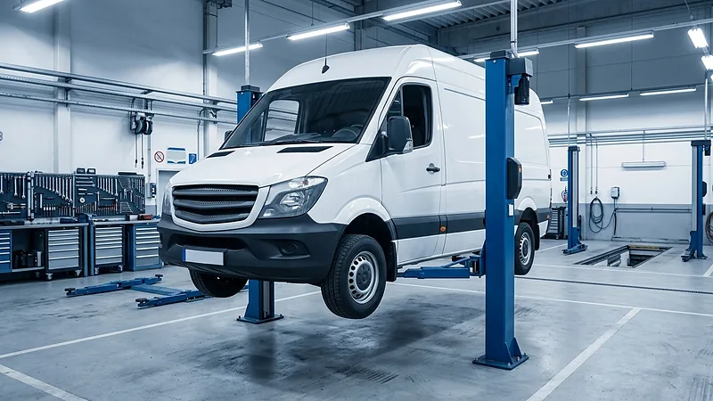 Van raised on a workshop ramp