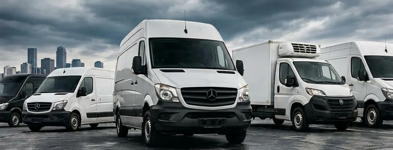 A fleet of white commercial vans outside the workshop