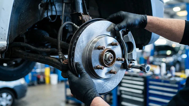 Mechanic fitting a new brake disc