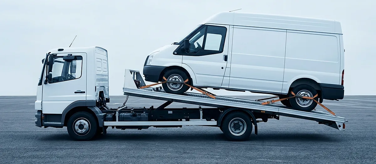 Recovery truck carrying a van