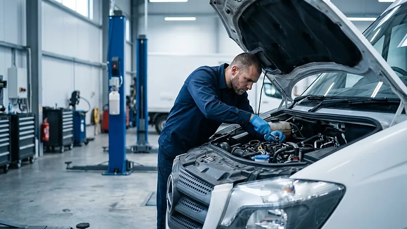 Technician working under the bonnet of a van